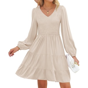 image:imageZESICA Womens Fall Casual Long Sleeve V Neck Boho Mini DressBeige