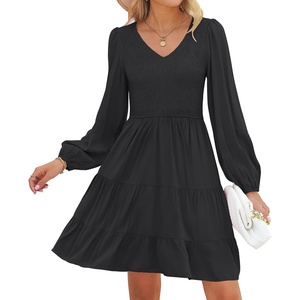 image:imageZESICA Womens Fall Casual Long Sleeve V Neck Boho Mini DressBlack