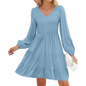 image:imageZESICA Womens Fall Casual Long Sleeve V Neck Boho Mini DressBlue