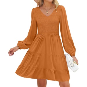 image:imageZESICA Womens Fall Casual Long Sleeve V Neck Boho Mini DressCaramel