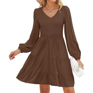 image:imageZESICA Womens Fall Casual Long Sleeve V Neck Boho Mini DressCoffee