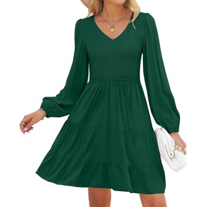 image:imageZESICA Womens Fall Casual Long Sleeve V Neck Boho Mini DressDarkgreen
