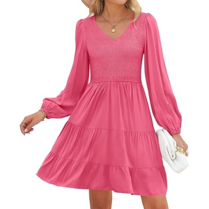 image:imageZESICA Womens Fall Casual Long Sleeve V Neck Boho Mini DressHotpink