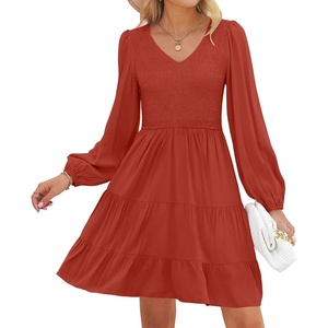 image:imageZESICA Womens Fall Casual Long Sleeve V Neck Boho Mini DressRed