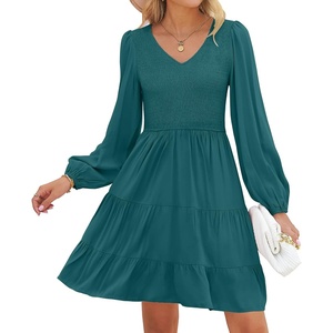 image:imageZESICA Womens Fall Casual Long Sleeve V Neck Boho Mini DressTealgreen