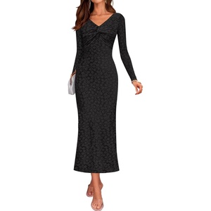 image:imageZESICA Womens Fall Floral Long Sleeve Bodycon Dress 2026 Elegant V Neck Cocktail Party Long Midi DressesBlack