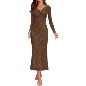 image:imageZESICA Womens Fall Floral Long Sleeve Bodycon Dress 2026 Elegant V Neck Cocktail Party Long Midi DressesBrown