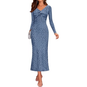 image:imageZESICA Womens Fall Floral Long Sleeve Bodycon Dress 2026 Elegant V Neck Cocktail Party Long Midi DressesDustyblue