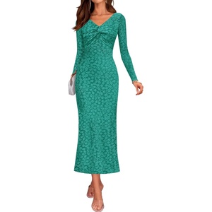 image:imageZESICA Womens Fall Floral Long Sleeve Bodycon Dress 2026 Elegant V Neck Cocktail Party Long Midi DressesPeacock