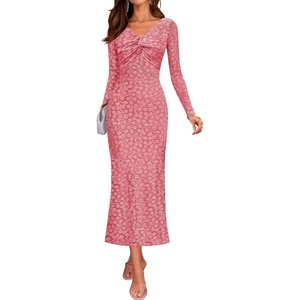 image:imageZESICA Womens Fall Floral Long Sleeve Bodycon Dress 2026 Elegant V Neck Cocktail Party Long Midi DressesPink