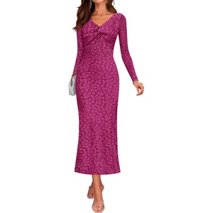 image:imageZESICA Womens Fall Floral Long Sleeve Bodycon Dress 2026 Elegant V Neck Cocktail Party Long Midi DressesRosypurple