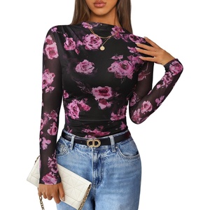 image:imageZESICA Womens Fall Floral Long Sleeve Tops Mesh Fitted ShirtsBlack
