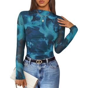 image:imageZESICA Womens Fall Floral Long Sleeve Tops Mesh Fitted ShirtsBlue