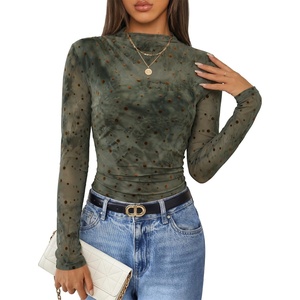image:imageZESICA Womens Fall Floral Long Sleeve Tops Mesh Fitted ShirtsCeladon