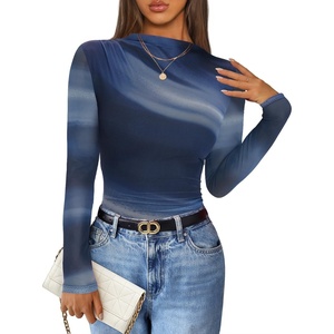 image:imageZESICA Womens Fall Floral Long Sleeve Tops Mesh Fitted ShirtsDusty Blue