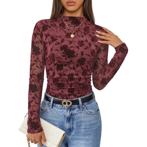image:imageZESICA Womens Fall Floral Long Sleeve Tops Mesh Fitted ShirtsWine