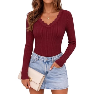 image:imageZESICA Womens Fall Lace Long Sleeve Tops Sexy V Neck Going Out ShirtsWine Red