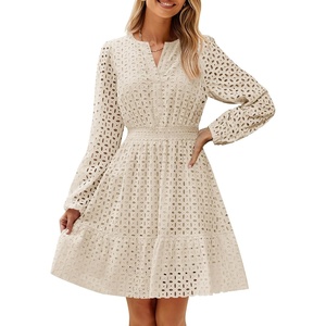 image:imageZESICA Womens Fall Long Sleeve Eyelet Embroidery Mini DressApricot