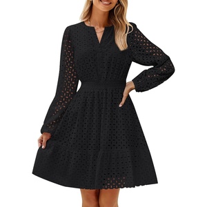 image:imageZESICA Womens Fall Long Sleeve Eyelet Embroidery Mini DressBlack