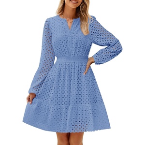 image:imageZESICA Womens Fall Long Sleeve Eyelet Embroidery Mini DressBlue