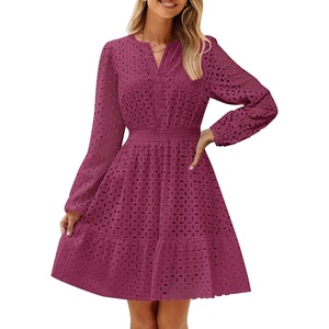 image:imageZESICA Womens Fall Long Sleeve Eyelet Embroidery Mini DressFuchsia