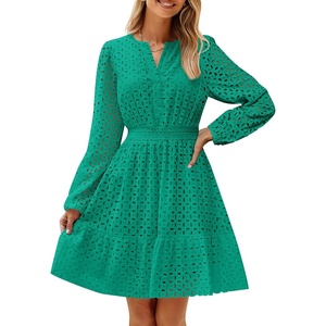 image:imageZESICA Womens Fall Long Sleeve Eyelet Embroidery Mini DressGreen