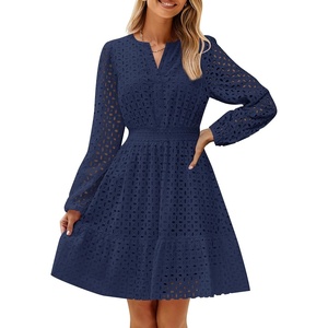 image:imageZESICA Womens Fall Long Sleeve Eyelet Embroidery Mini DressNavy