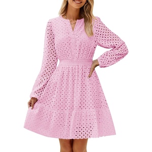 image:imageZESICA Womens Fall Long Sleeve Eyelet Embroidery Mini DressPink
