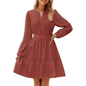 image:imageZESICA Womens Fall Long Sleeve Eyelet Embroidery Mini DressRust