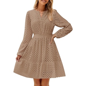 image:imageZESICA Womens Fall Long Sleeve Eyelet Embroidery Mini DressTan