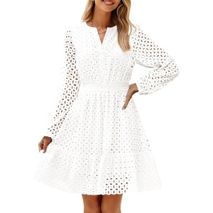 image:imageZESICA Womens Fall Long Sleeve Eyelet Embroidery Mini DressWhite