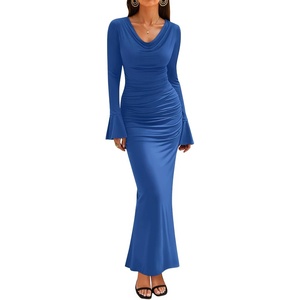 image:imageZESICA Womens Fall Long Sleeve Ruched Knit Cowl Neck Back Slit Maxi DressBlue