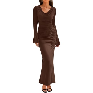 image:imageZESICA Womens Fall Long Sleeve Ruched Knit Cowl Neck Back Slit Maxi DressBrown