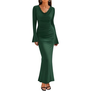 image:imageZESICA Womens Fall Long Sleeve Ruched Knit Cowl Neck Back Slit Maxi DressDark Green