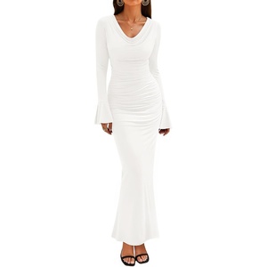 image:imageZESICA Womens Fall Long Sleeve Ruched Knit Cowl Neck Back Slit Maxi DressWhite