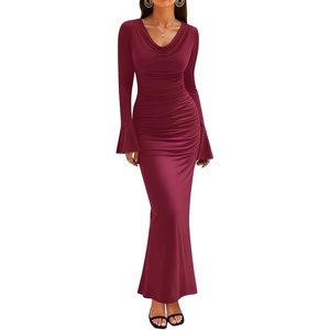 image:imageZESICA Womens Fall Long Sleeve Ruched Knit Cowl Neck Back Slit Maxi DressWine Red