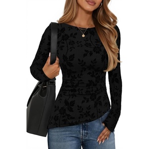 image:imageZESICA Womens Floral Long Sleeve Shirts 2026 Spring Boat Neck Mesh Ruched Tops Fitted Asymmetrical Going Out BlousesBlack
