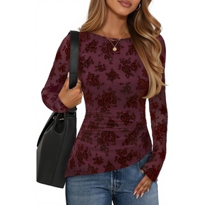 image:imageZESICA Womens Floral Long Sleeve Shirts 2026 Spring Boat Neck Mesh Ruched Tops Fitted Asymmetrical Going Out BlousesWine
