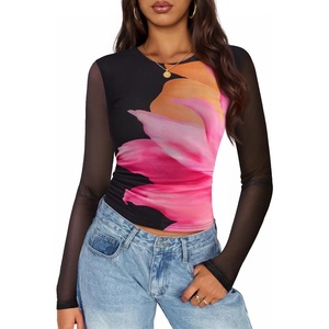 image:imageZESICA Womens Floral Mesh Going Out Tops Fall Long Sleeve Y2K ShirtsBlack