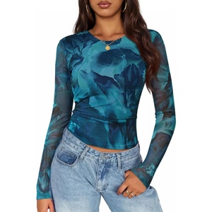 image:imageZESICA Womens Floral Mesh Going Out Tops Fall Long Sleeve Y2K ShirtsBlue