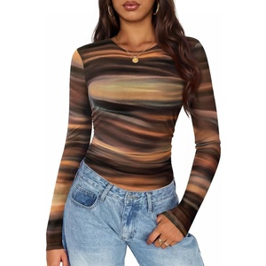 image:imageZESICA Womens Floral Mesh Going Out Tops Fall Long Sleeve Y2K ShirtsBrown