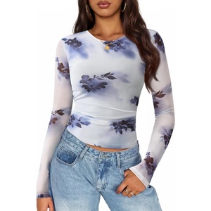 image:imageZESICA Womens Floral Mesh Going Out Tops Fall Long Sleeve Y2K ShirtsGray Blue