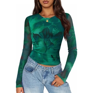 image:imageZESICA Womens Floral Mesh Going Out Tops Fall Long Sleeve Y2K ShirtsGreen