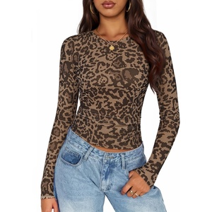 image:imageZESICA Womens Floral Mesh Going Out Tops Fall Long Sleeve Y2K ShirtsLeopard Brown
