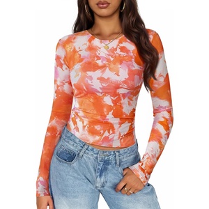 image:imageZESICA Womens Floral Mesh Going Out Tops Fall Long Sleeve Y2K ShirtsOrange