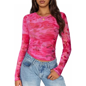 image:imageZESICA Womens Floral Mesh Going Out Tops Fall Long Sleeve Y2K ShirtsPink