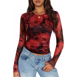 image:imageZESICA Womens Floral Mesh Going Out Tops Fall Long Sleeve Y2K ShirtsRed