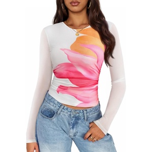 image:imageZESICA Womens Floral Mesh Going Out Tops Fall Long Sleeve Y2K ShirtsWhite