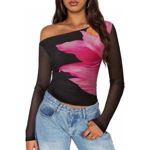 image:imageZESICA Womens Floral Mesh Off Shoulder Long Sleeve TopsBlack