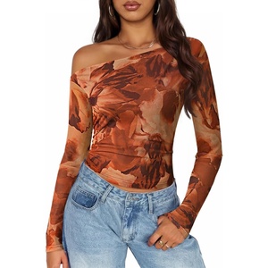 image:imageZESICA Womens Floral Mesh Off Shoulder Long Sleeve TopsBrown